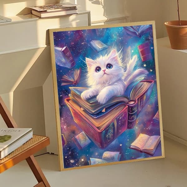 Bomclap timanttimaalaus – maaginen valkoinen kissa kosmisten kirjojen joukossa DIY 5D-timanttimaalaus aikuisille ja aloittelijoille, 30x40cm
