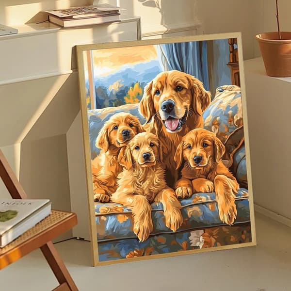 Bomclap Diamond Painting – Smuk Golden Retriever familie i meget let DIY 5D diamantmaleri for voksne og begyndere, 30x40cm