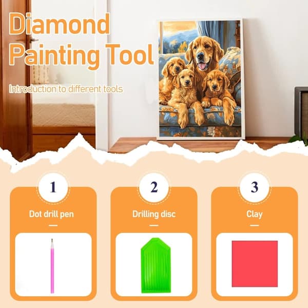 Bomclap Diamond Painting – Smuk Golden Retriever familie i meget let DIY 5D diamantmaleri for voksne og begyndere, 30x40cm