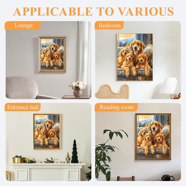 Bomclap Diamond Painting – Smuk Golden Retriever familie i meget let DIY 5D diamantmaleri for voksne og begyndere, 30x40cm