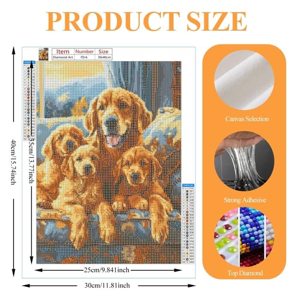 Bomclap Diamond Painting – Smuk Golden Retriever familie i meget let DIY 5D diamantmaleri for voksne og begyndere, 30x40cm