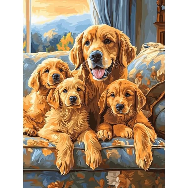 Bomclap Diamond Painting – Smuk Golden Retriever familie i meget let DIY 5D diamantmaleri for voksne og begyndere, 30x40cm