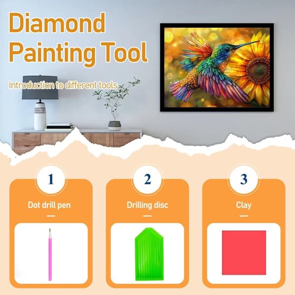Bomclap Diamond Painting – Färgsprakande Kolibrikung över Solros DIY 5D Diamantmålning för Vuxna & Nybörjare, 30x40cm