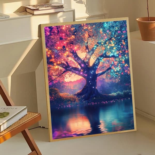 Bomclap Timanttimaalaus – Maaginen hohtava puu veden äärellä DIY 5D-timanttimaalaus aikuisille ja aloittelijoille, 30x40cm