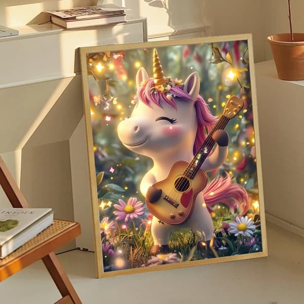 Bomclap Diamond Painting – Sød Enhjørning med Guitar i Magisk Skov DIY 5D Diamantmaleri for Voksne og Begyndere, 30x40cm