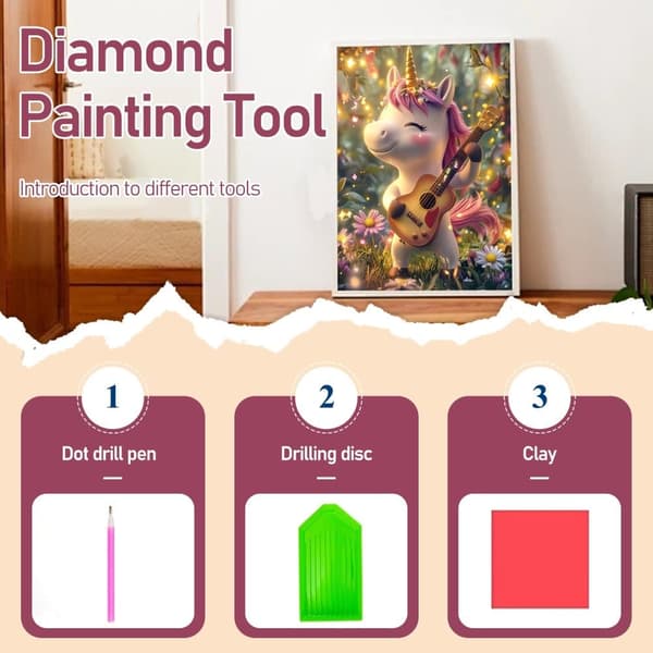 Bomclap Diamond Painting – Sød Enhjørning med Guitar i Magisk Skov DIY 5D Diamantmaleri for Voksne og Begyndere, 30x40cm