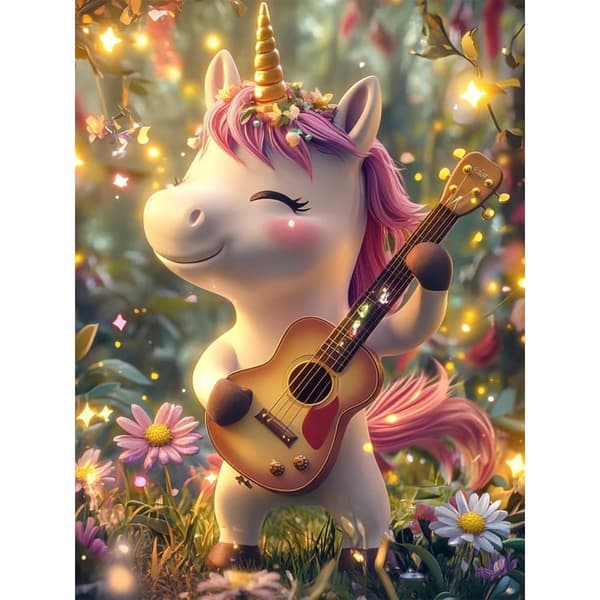 Bomclap Diamond Painting – Sød Enhjørning med Guitar i Magisk Skov DIY 5D Diamantmaleri for Voksne og Begyndere, 30x40cm
