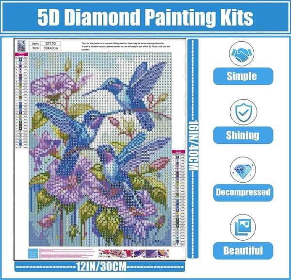 Bomclap Diamond Painting – Blå Kolibrier och Violetter Blommor DIY 5D Diamantmålning för Vuxna & Nybörjare, 30x40cm