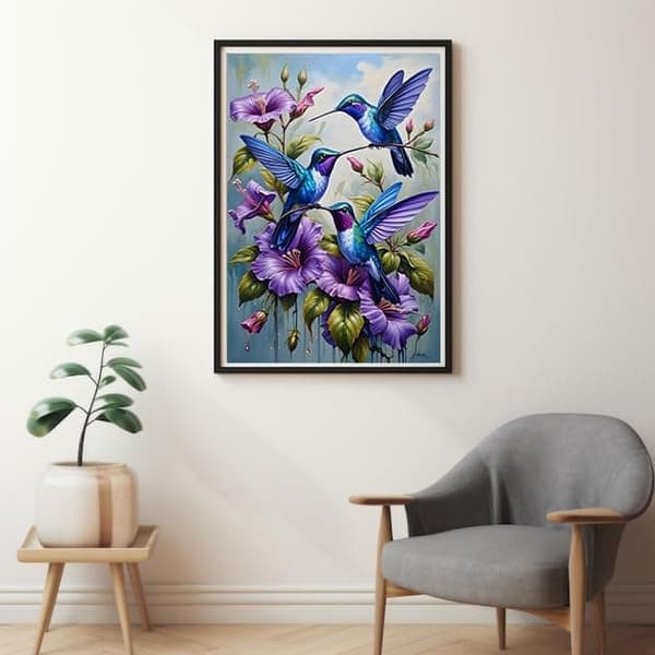 Bomclap Diamond Painting – Blå Kolibrier och Violetter Blommor DIY 5D Diamantmålning för Vuxna & Nybörjare, 30x40cm