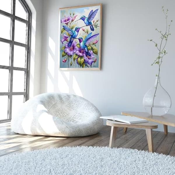 Bomclap Diamond Painting – Blå Kolibrier och Violetter Blommor DIY 5D Diamantmålning för Vuxna & Nybörjare, 30x40cm