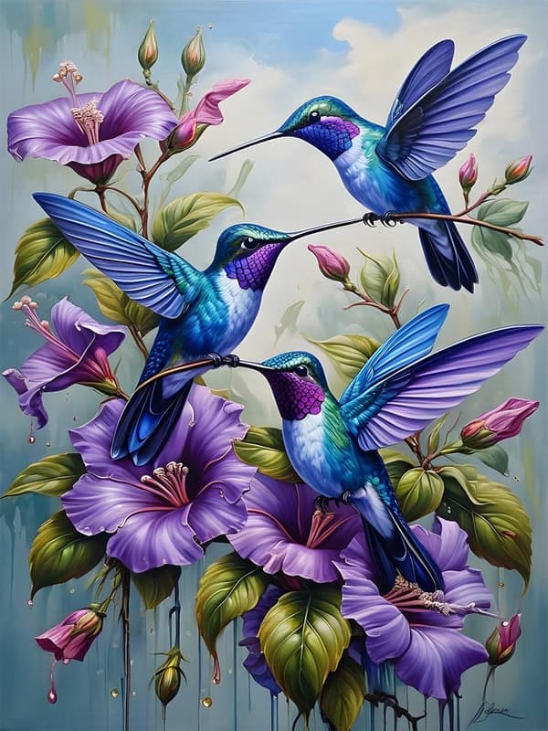 Bomclap Diamond Painting – Blå Kolibrier och Violetter Blommor DIY 5D Diamantmålning för Vuxna & Nybörjare, 30x40cm