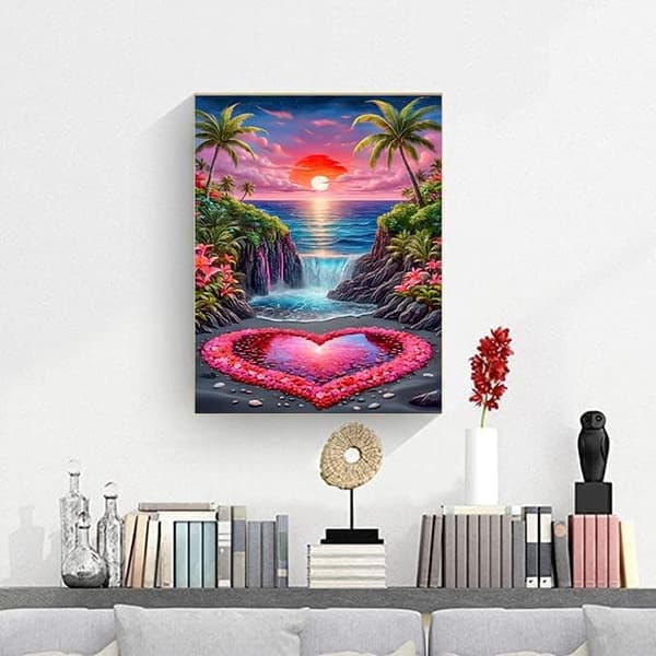 Bomclap Diamond Painting – Romanttinen rannikkojärvi auringonlaskun aikaan järven sydämellä DIY 5D timanttimaalaus aikuisille, 30x40cm