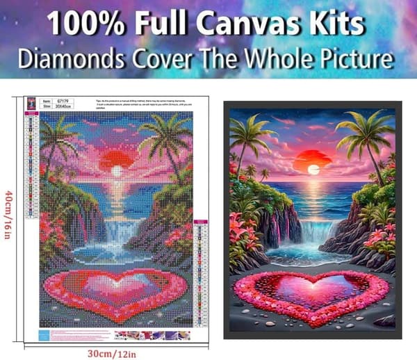 Bomclap Diamond Painting – Romanttinen rannikkojärvi auringonlaskun aikaan järven sydämellä DIY 5D timanttimaalaus aikuisille, 30x40cm
