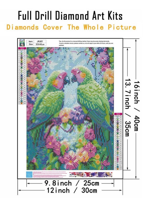 Bomclap Diamantmaleri – DIY 5D Diamantmaleri, 30x40cm, Farverige papegøjer mellem blomster