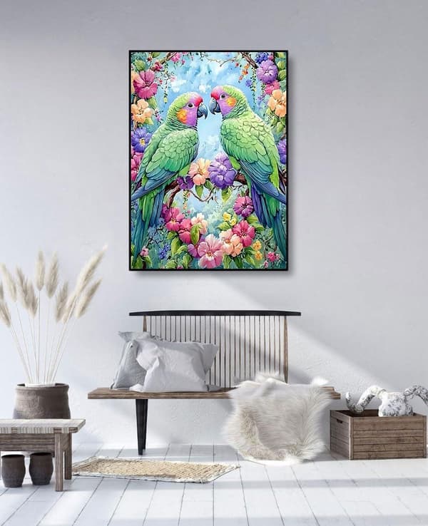 Bomclap Diamantmaleri – DIY 5D Diamantmaleri, 30x40cm, Farverige papegøjer mellem blomster
