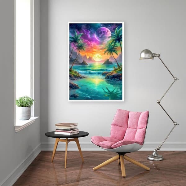 Bomclap Diamantmaleri – DIY 5D Diamantmaleri, 30x40cm, Magisk Kystsø Under Farverig Himmel