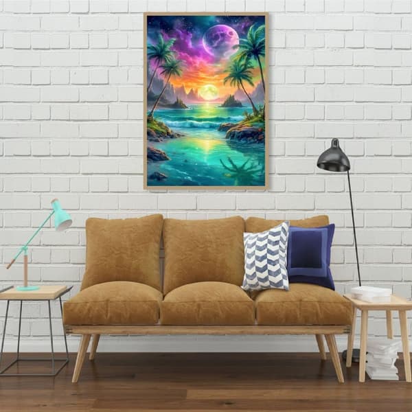 Bomclap Diamantmaleri – DIY 5D Diamantmaleri, 30x40cm, Magisk Kystsø Under Farverig Himmel