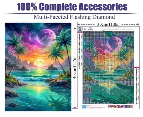 Bomclap Diamantmaleri – DIY 5D Diamantmaleri, 30x40cm, Magisk Kystsø Under Farverig Himmel