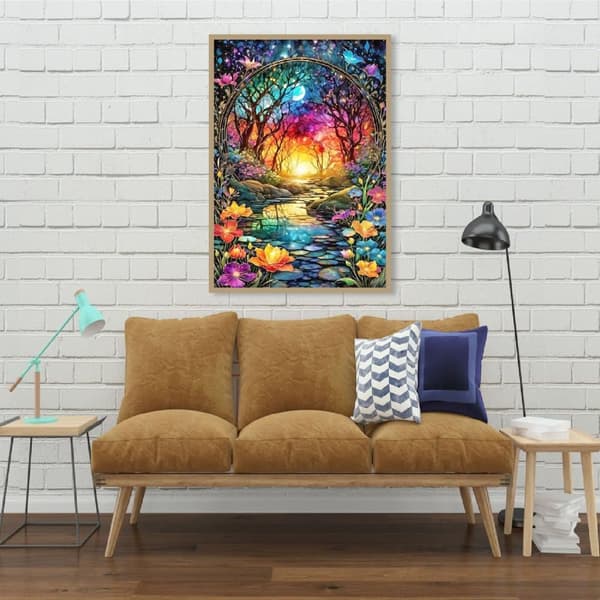 Bomclap timanttimaalaus – DIY 5D timanttimaalaus, 30x40cm, maaginen yöllinen metsätie värikkäillä kukilla