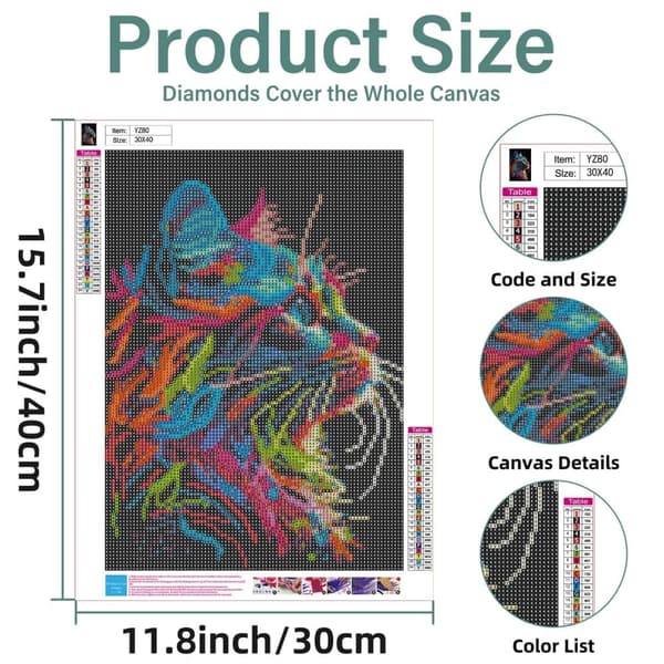 Bomclap Diamantmaleri – DIY 5D Diamantmaleri, 30x40cm, Farverig Katteside