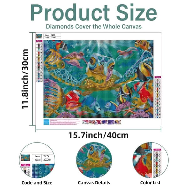 Bomclap Diamond Painting – DIY 5D Diamond Painting, 30x40cm, Farverige undervandsscener med skildpadde og fisk