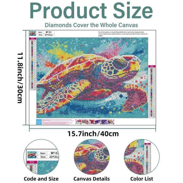 Bomclap diamantmaleri – DIY 5D diamantmaleri, 30x40cm, farverig skildpadde i undervandskoncert