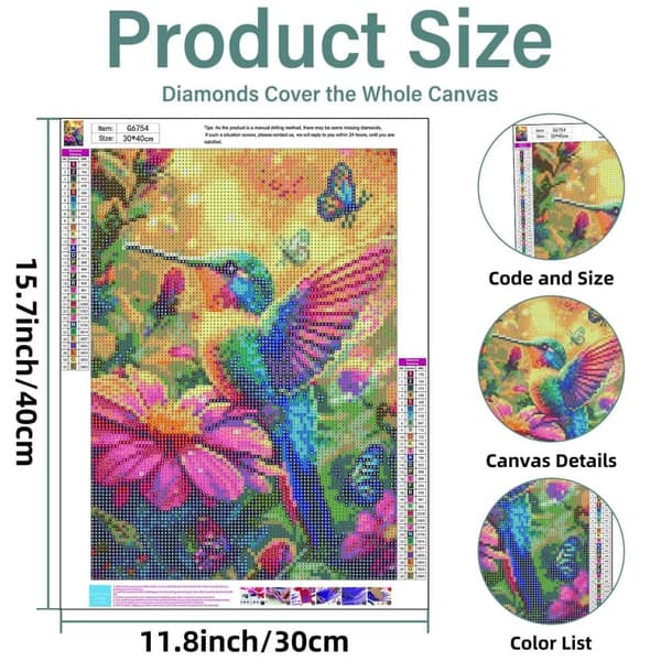 Bomclap diamantmaleri – DIY 5D diamantmaleri, 30x40cm, farverig kolibri og sommerfugle af blomster