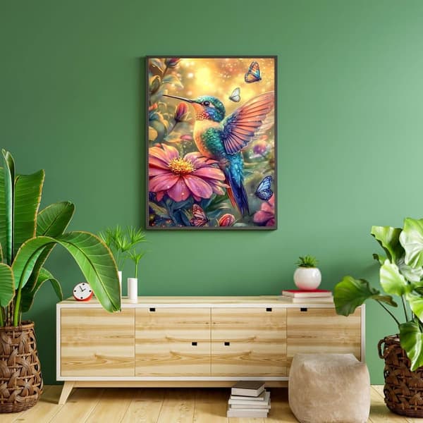 Bomclap diamantmaleri – DIY 5D diamantmaleri, 30x40cm, farverig kolibri og sommerfugle af blomster