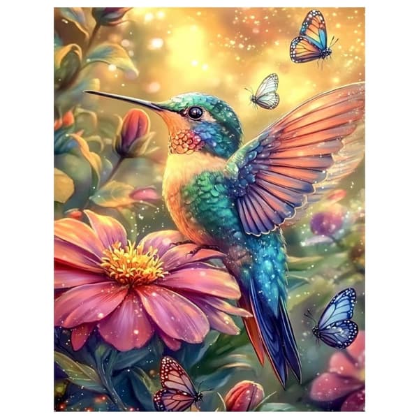 Bomclap diamantmaleri – DIY 5D diamantmaleri, 30x40cm, farverig kolibri og sommerfugle af blomster