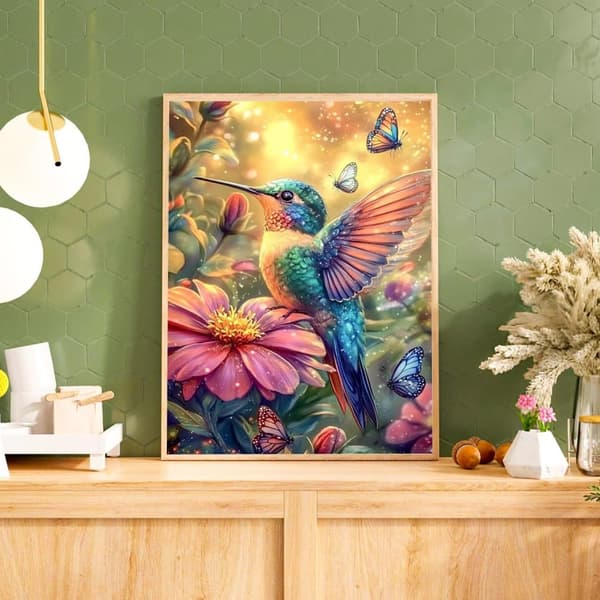 Bomclap timanttimaalaus – DIY 5D timanttimaalaus, 30x40cm, värikäs kolibri ja perhosia kukilta