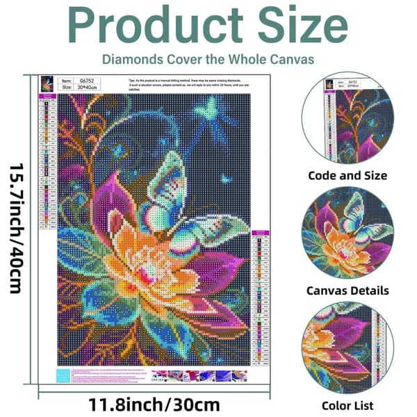 Bomclap Diamond Painting – DIY 5D Diamond Painting, 30x40cm, Magiske Farverige Sommerfugle over Glødende Blomster
