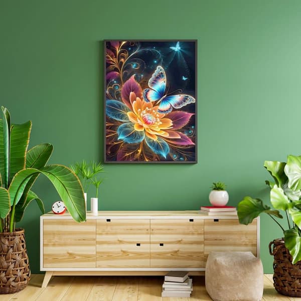 Bomclap Diamond Painting – DIY 5D Diamond Painting, 30x40cm, Magiske Farverige Sommerfugle over Glødende Blomster