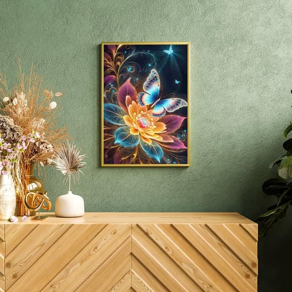 Bomclap Diamond Painting – DIY 5D Diamond Painting, 30x40cm, Magiske Farverige Sommerfugle over Glødende Blomster