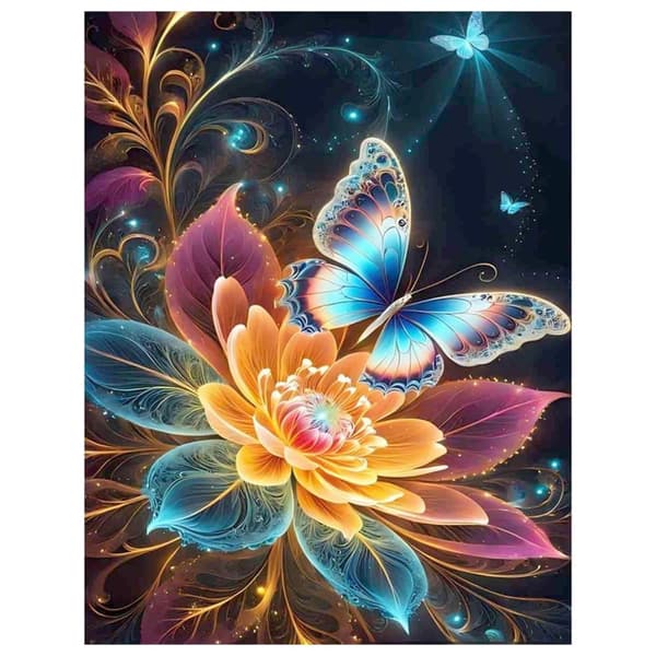 Bomclap Diamond Painting – DIY 5D Diamond Painting, 30x40cm, Magiske Farverige Sommerfugle over Glødende Blomster