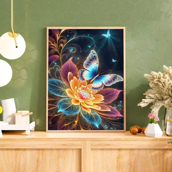 Bomclap Diamond Painting – DIY 5D Diamond Painting, 30x40cm, Magiske Farverige Sommerfugle over Glødende Blomster