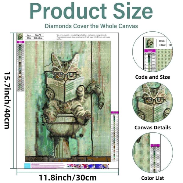Bomclap timanttimaalaus – DIY 5D timanttimaalaus, 30x40cm, kissa silmälasien kanssa lukee lehteä wc:ssä