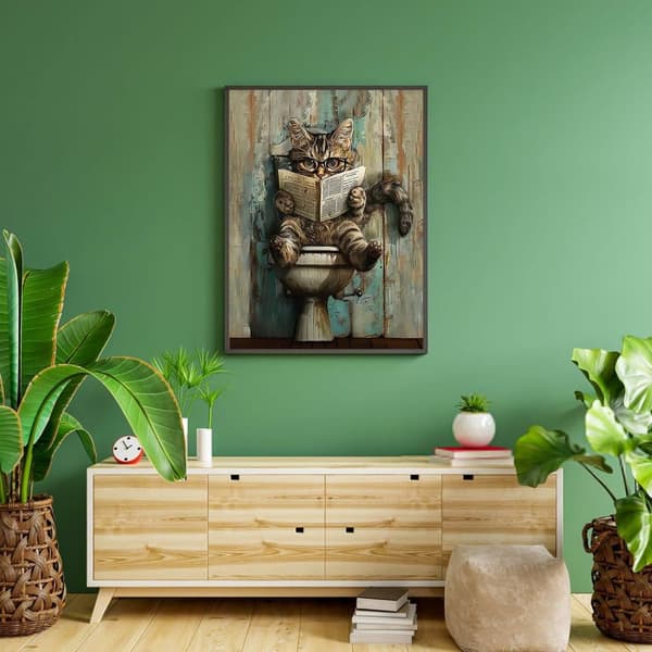 Bomclap timanttimaalaus – DIY 5D timanttimaalaus, 30x40cm, kissa silmälasien kanssa lukee lehteä wc:ssä