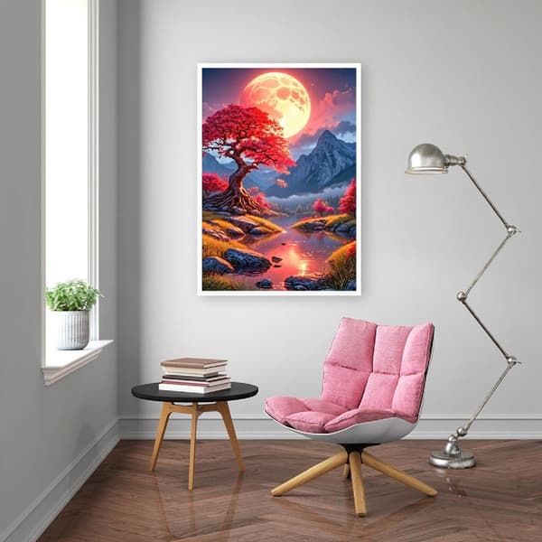Bomclap Diamantmaleri – DIY 5D Diamantmaleri, 30x40cm, Magiske Nattescener med Rødt Træ og Stor Måne