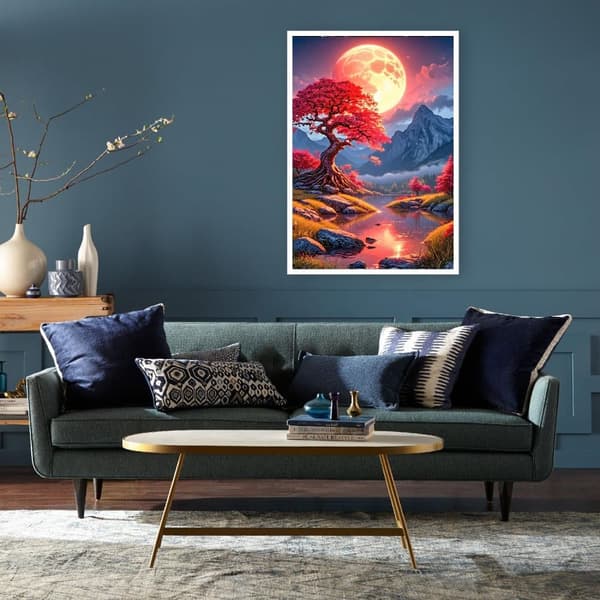 Bomclap Diamantmaleri – DIY 5D Diamantmaleri, 30x40cm, Magiske Nattescener med Rødt Træ og Stor Måne
