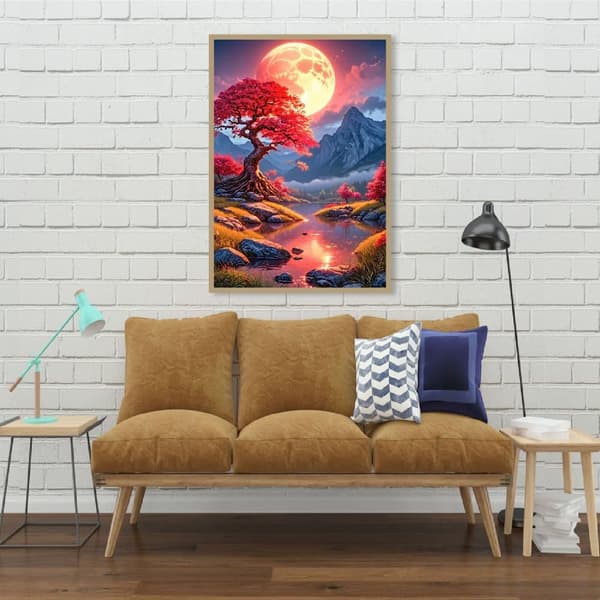 Bomclap Diamantmaleri – DIY 5D Diamantmaleri, 30x40cm, Magiske Nattescener med Rødt Træ og Stor Måne