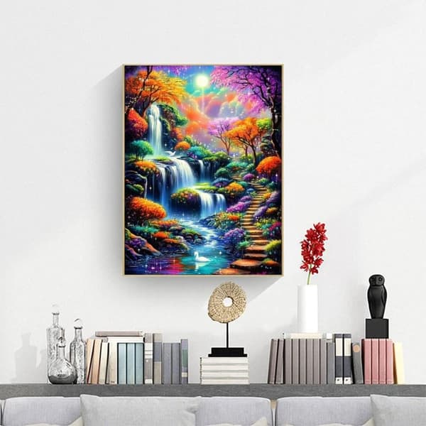 Bomclap Diamond Painting – DIY 5D Diamantmålning, 30x40cm, Magisk Vattenfall och Färgsprakande Skog