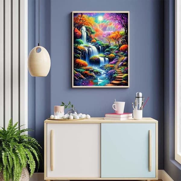 Bomclap Diamond Painting – DIY 5D Diamantmålning, 30x40cm, Magisk Vattenfall och Färgsprakande Skog