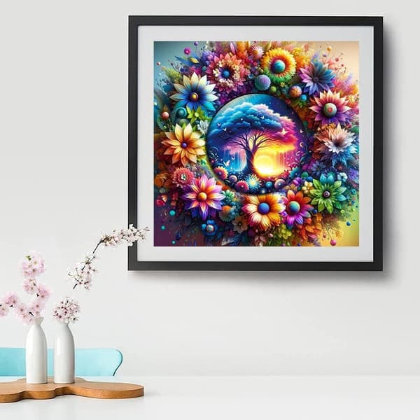 Bomclap Elämän Puu Kukat Timanttitaide - 5D Kukkasuunnittelu DIY-sarja 30x30 cm Kasvitieteellinen Seinäkoriste Lahja
