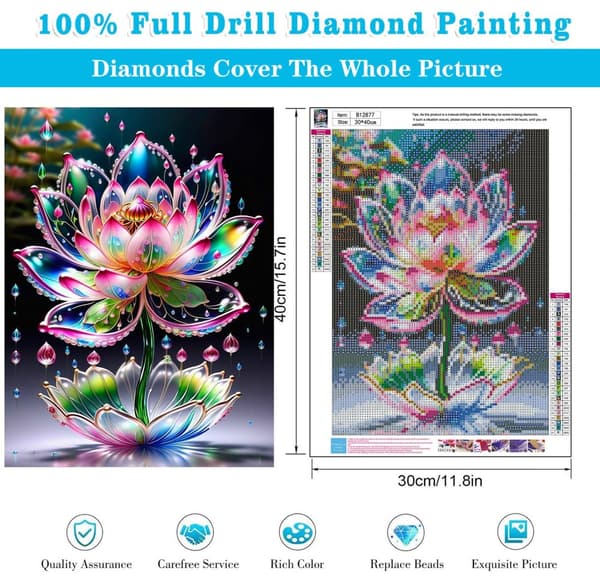 Bomclap Lotus Diamantkunst Kit for Voksne og Beginner - Lotus - Blomster Diamant Art Kits for Voksne, Fuld Drill DIY 5D Diamantmålning, Gem Art Hjemme