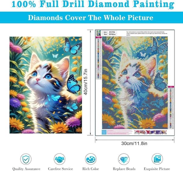 Bomclap Katt Diamantkonst Vuxen - 5D Fjäril Blomster Full Drill Målning 30x40 cm DIY Hemslöjd
