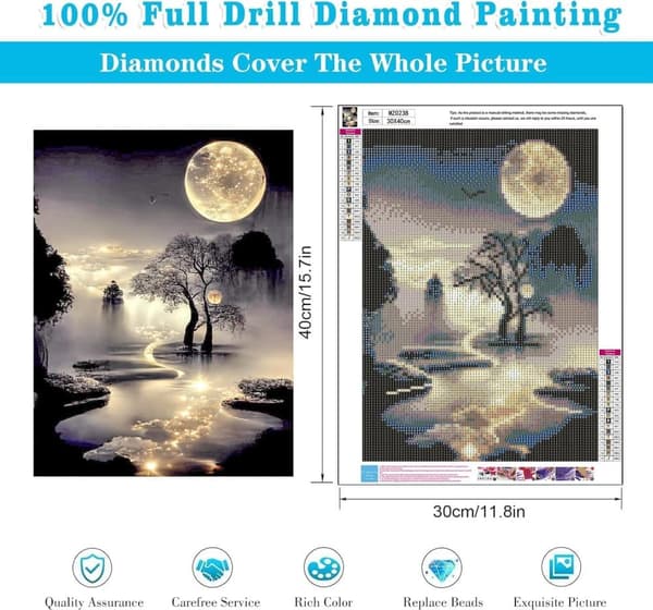 Bomclap Måne Diamantmålning Nybörjare - 5D Månsken Landskap DIY Kit 30x40 cm Naturskön Väggkonst