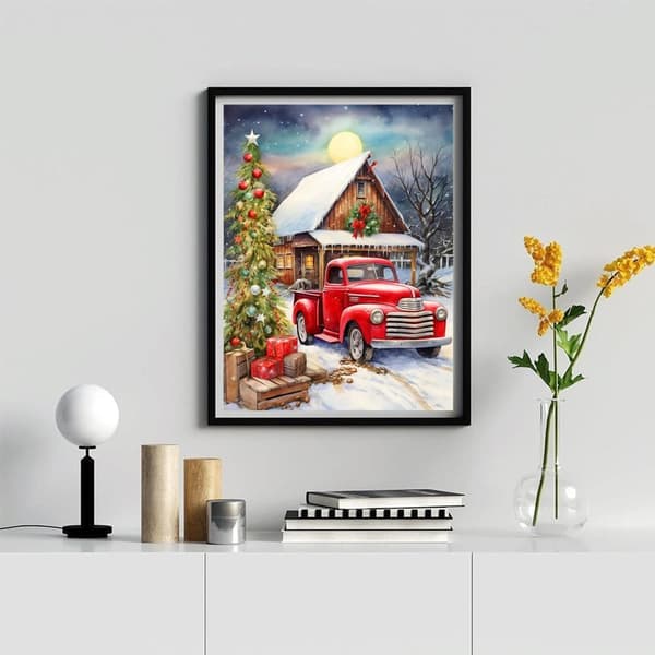 bomclap jule lastbil diamant kunst - 5d rød lastbil fuld boremaskine DIY kit 30x40 cm julepynt kunsthåndværk
