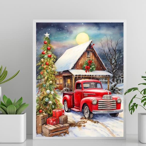 bomclap jule lastbil diamant kunst - 5d rød lastbil fuld boremaskine DIY kit 30x40 cm julepynt kunsthåndværk