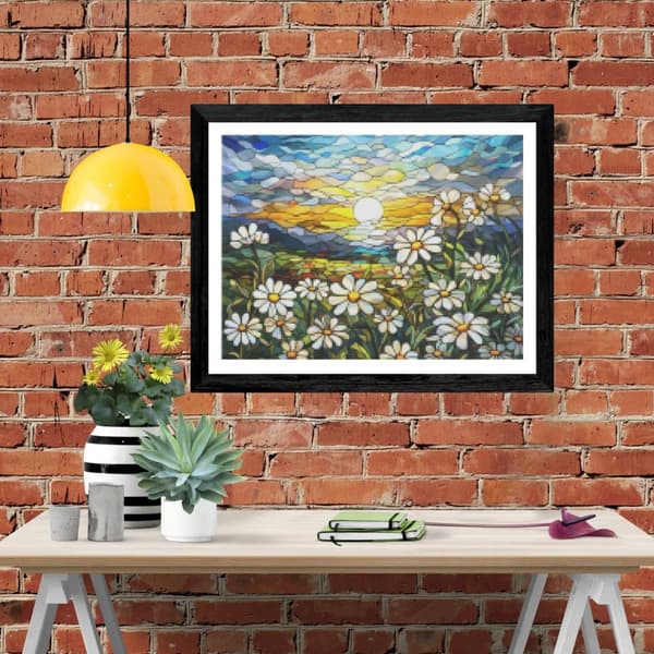 Bomclap diamantmaleri – DIY 5D diamantmaleri, 30x40cm, solnedgangsglasmaleri med lignende kamille