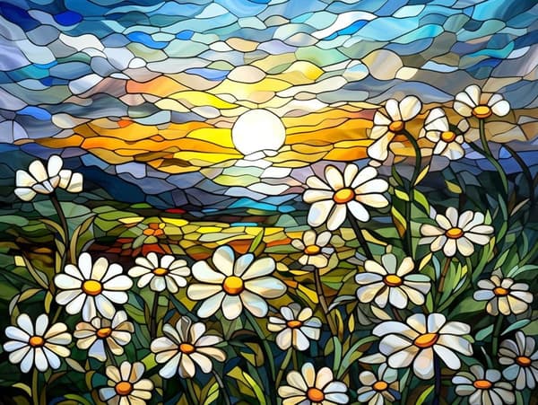 Bomclap diamantmaleri – DIY 5D diamantmaleri, 30x40cm, solnedgangsglasmaleri med lignende kamille